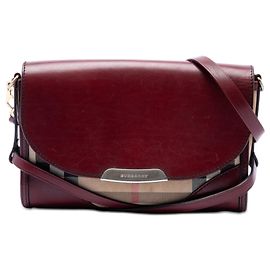 Burberry Abbott Umhängetasche aus rotem Leder und House Check Canvas