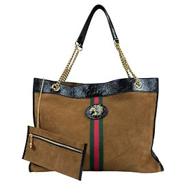 Borsa Tote Gucci Raja in Scamosciato e Pelle Marrone Nero