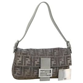 FENDI Zucca Canvas Rhinestone Mamma Baguette Shoulder Bag Silver Auth yk20474SM