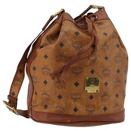 Borsa a tracolla MCM Vicetos Logogram PVC Pelle Marrone Oro Auth gh2110