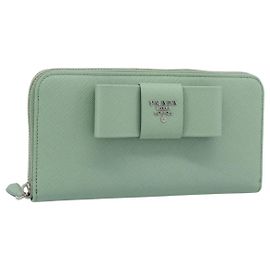 Cartera larga PRADA Ribbon de piel Saffiano Verde Plata Auth 182941SAM