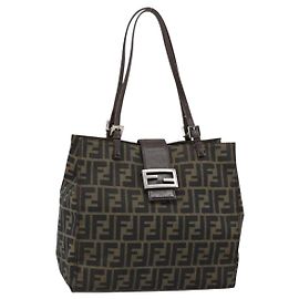 FENDI Zucca Canvas Mamma Baguette Tote Bag Black Brown Auth 183898