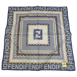 Vintage Fendi FF Logo Seidenschal Blau Weiß Goldfarben
