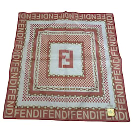 Vintage Fendi FF Logo Silk Scarf Coral White Gold-Tone c. 2000