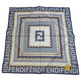 Vintage Fendi FF Logo Silk Scarf Chain Print White Blue Gold