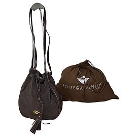 Borsa a coulaccio vintage Bottega Veneta in nylon con bordi in pelle marrone scuro