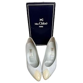 Chloé Vintage Chloe Leder-Absatzschuhe Creme Weiß Silber EU35.5