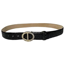 Cintura Vintage Dior in pelle con stampa coccodrillo nera e oro