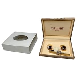 Vintage Celine Logo Manschettenknöpfe und Krawattennadel Set, Gold - Céline
