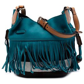 Burberry Blue Small Mega Check Canvas und Wildleder Fransen Belgrove Bucket Bag