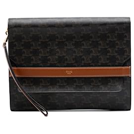 Pochette con patta e laccetto per polso Celine Brown Triomphe in tela rivestita - Céline