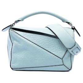 Borsa LOEWE Puzzle in pelle di vitello blu con logo Anagram in rilievo, piccola - Loewe