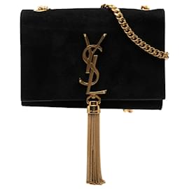 Borsa a tracolla Kate in scamosciato nero con monogramma Saint Laurent, piccola