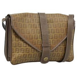 FENDI Zucchino Canvas Bolsa de Ombro em Lona Revestida Bege Dourado Auth ti3975