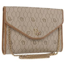 Bolso de cadena Christian Dior Honeycomb Canvas PVC Cuero Beige Oro Auth BA13330