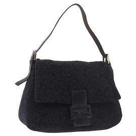 FENDI Mamma Baguette Schultertasche aus Wolle Navy Silber Auth 183876