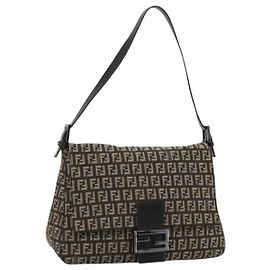 Bolso de hombro FENDI Zucchino Canvas Mamma Baguette Beige Plata Auth 185079V