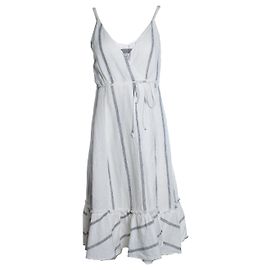 Reformation, gestreiftes Leinen-Midikleid mit Rüschen