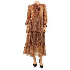 Gerard Darel Braunes Midi-Kleid mit Leopardenmuster und Volants - Größe UK 14