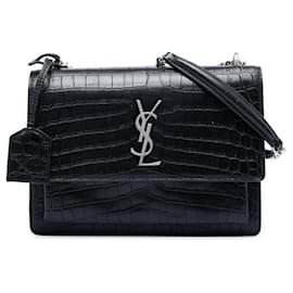 Borsa a tracolla Monogram Sunset in pelle nera con stampa coccodrillo misura Medium Saint Laurent