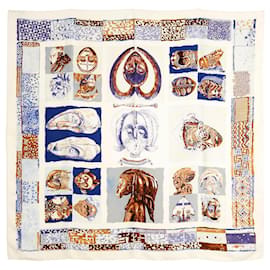 Hermès 1997 Foulard Carré 90 Persona Ecru Blue Silk Twill Scarf Carre Hermes
