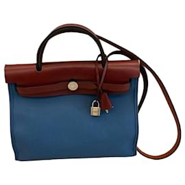 Hermès Herbag Zip 31 Tasche aus blauem Canvas und Rouge H Leder