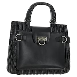 Borsa a mano Salvatore Ferragamo Gancini in rattan nero e argento Auth 184711V