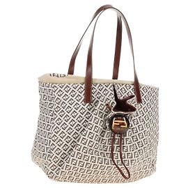 FENDI Zucchino Canvas Tote Bag Weiß Gold Auth 184707V