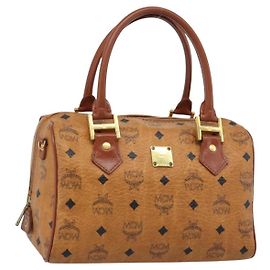 Borsa a Mano MCM Vicetos Logogram PVC Pelle Marrone Oro Auth 185091