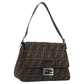 FENDI Zucca Canvas Mamma Baguette Shoulder Bag Black Brown Auth 184905SAM