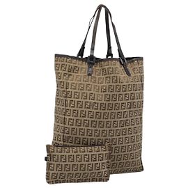 Borsa a mano FENDI Zucchino Canvas Beige Argento Autentica ep14812