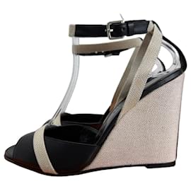 Sandali con zeppa Hermès Kean Nero Pelle e Tela 36.5