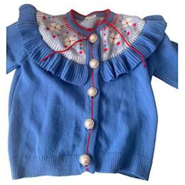 Miu Miu Cardigan in Blau mit Rüschen und Perlenknöpfen