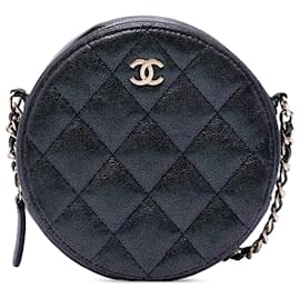 Chanel Black CC gesteppte irisierende Caviar Rund-Clutch mit Kette