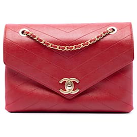Chanel Red Small CC Chevron Calfskin Envelope Flap