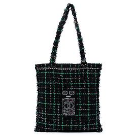 Tote Shopping Robot in Tweed Nero Grande con Decorazioni in Resina Chanel