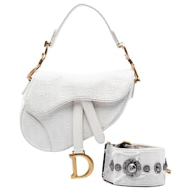 Borsa Saddle in tela ricamata Oblique bianca mini di Dior