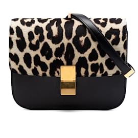 Celine Classic Box aus schwarzem Kalbsleder und Leopardenmuster-Ponyhaar, Größe Medium - Céline