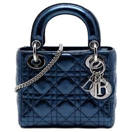 Lady Dior Cannage in pelle di vitello metallizzata blu mini