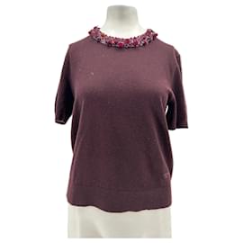 Tory Burch Jersey de lana de manga corta color burdeos con cuello de lentejuelas