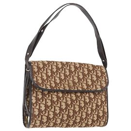 Christian Dior Trotter Canvas Shoulder Bag Beige Gold Auth 173448