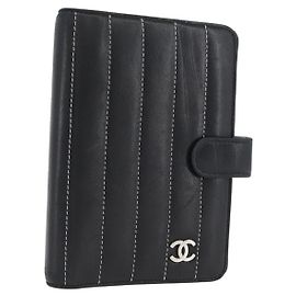 CHANEL Mademoiselle Agenda Day Planner Cover Leather Silver Black CC Auth mr2185
