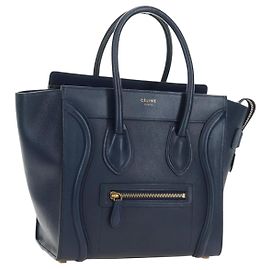 Céline Sac à main CELINE Luggage Micro Shopper en cuir bleu marine et or Auth 184734V