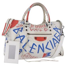 BALENCIAGA Classic Graffiti The City Handtasche aus Leder 2way Weiß Authentisch 185398V