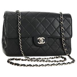 CHANEL Matelasse 25 Chain Shoulder Bag Lamb Skin Black Silver CC Auth 184284V