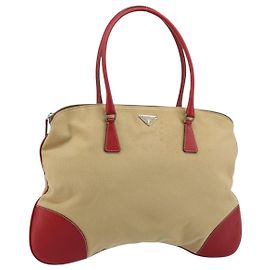 PRADA Tote Bag Canvas Beige Silber Auth bs35583