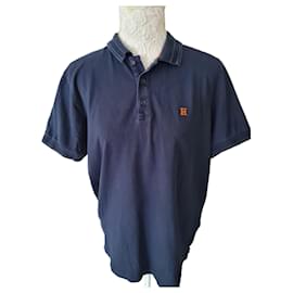 Polo bleu marine en coton avec logo H orange - Hermès