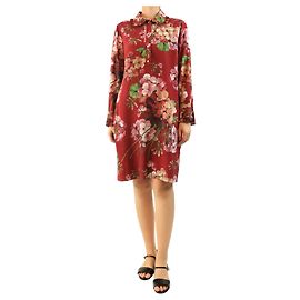 Gucci Midi-Seidenkleid mit Blumenmuster in Kastanienrot - Größe UK 12