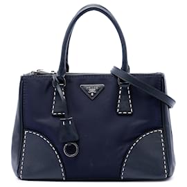 Prada Borsa satchel Galleria piccola in Tessuto blu e pelle di vitello City, cucita a mano, con doppia zip