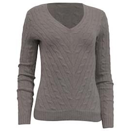 Ralph Lauren Strickpullover mit V-Ausschnitt aus hellgrauem Kaschmir mit Zopfmuster